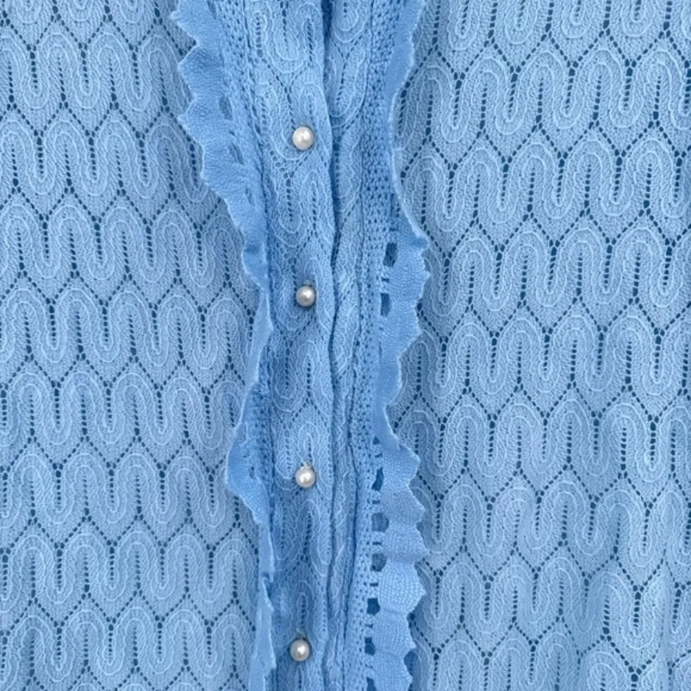 Vintage 70s Blue Open Knit Cardigan Womens M Lace Coquette Pastel Feminine Cute - Picture 3 of 8